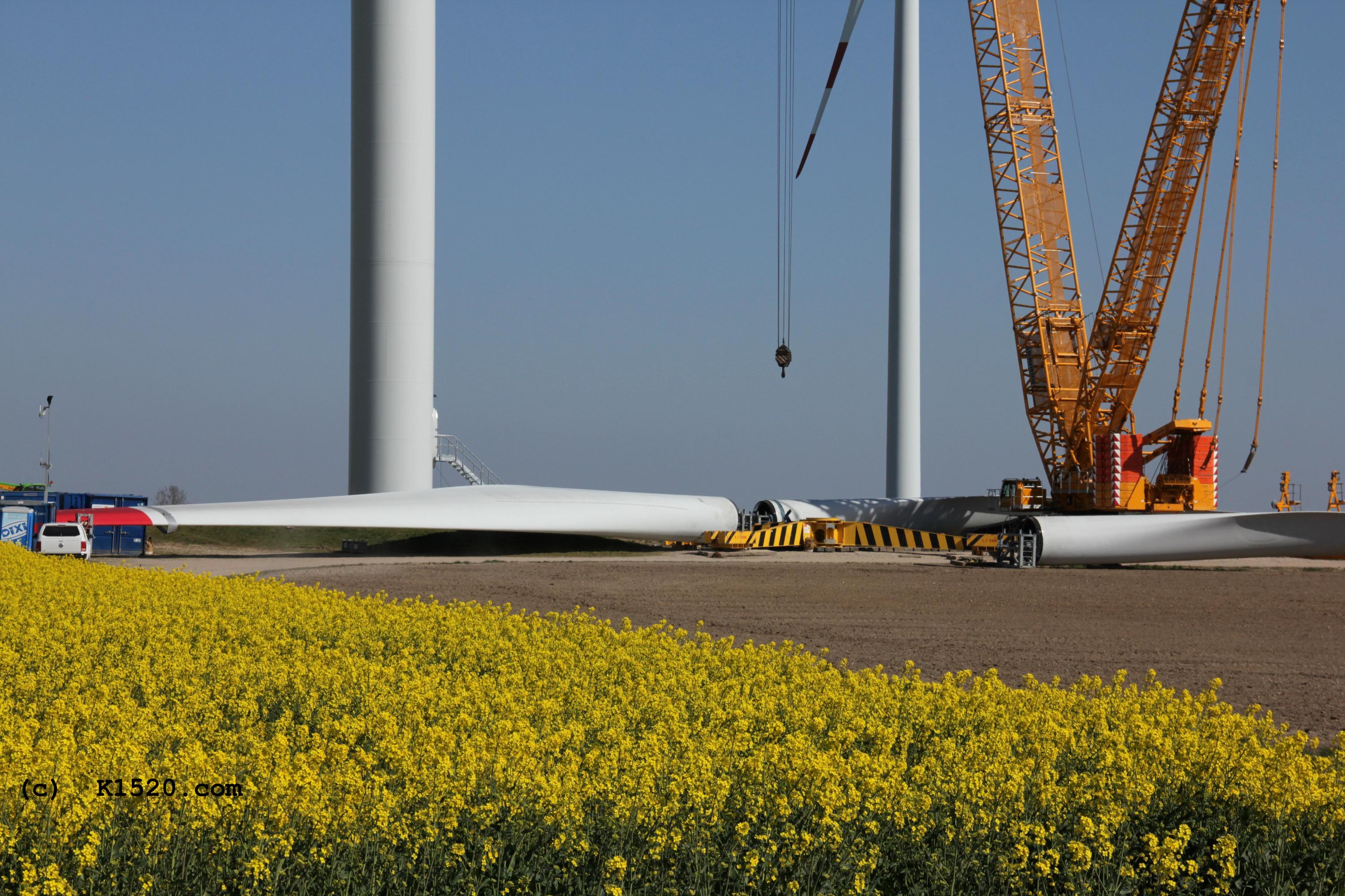 Reparatur Windrder im Windpark Arneburg/Elbe 04/2020,
  Kraneinsatz, Grenvergleich PKW, weiss, links